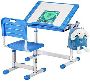 lot 20941 image: FDW Children Desk Kids Desk and Chair Set, Height Adjustable Student Study Desk for Home Schooling with Storage Drawer,180�Bookshelf, 55�Tilted Desktop Metal Hook_Blue