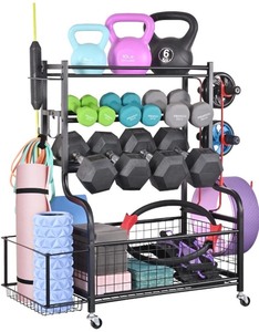 lot 40750 image: PLKOW Dumbbell Rack, Weight Rack for Dumbbells, Home Gym Storage for Dumbbells Kettlebells Yoga Mat and Balls, All in One Workout Storage with Wheels and Hooks, Powder Coated Finish Steel