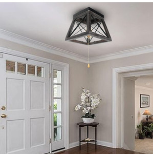 lot 40763 image: Small Wood Rustic Pull String Ceiling Light Fixture, 1-Light Black Farmhouse Flush Mount Ceiling Lighting Square Retro Industrial Hallway Entry Cage Edison Light E26 8059PC
