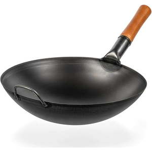 lot 40796 image: Pre-Seasoned Carbon Steel Wok Pan - 14  Woks and Stir Fry Pans - Chinese Wok with Round Bottom Wok - Traditional Chinese Japanese Woks - Black Steel Wok