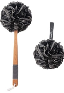 lot 40799 image: Shower Sponge Loofah Back Scrubber, PE Soft Mesh Loofah Body Scrubber with Long Wooden Handle, Bath Sponge for Men Women (Black)