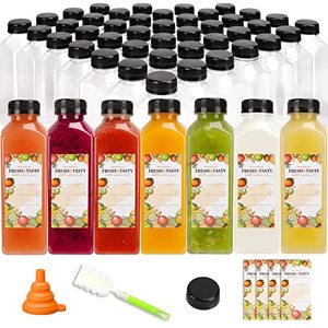 lot 10322 image: Tomnk 100pcs 16oz Plastic Juice Bottles with Black Caps Empty Reusable Clear Bottles with Label, Funnel and Brush Beverage Containers for Juicing, Smoothies, Tea, Milk, Drinking, Beverages