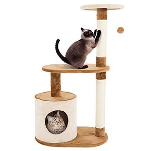 lot 10329 image: 3-Tier Cat Tower - 2 Napping Perches, Cat Condo, 2 Sisal Rope Scratching Posts, and Hanging Toy  Cat Tree for Indoor Cats by PETMAKER (Brown)