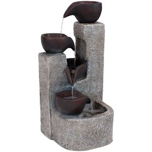 lot 30241 image: Sunnydaze Outdoor Solar Fountain with Battery Backup - Aged Tiered Vessels Outside Patio and Garden Water Feature with Rechargeable Solar Battery - 29-Inch