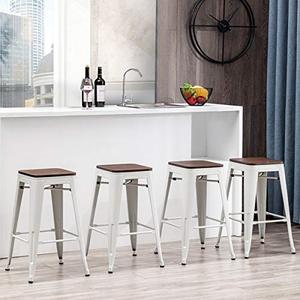 lot 30276 image: Alunaune 24 Metal Bar Stools Set of 4 Industrial Backless Counter Height Barstools Kitchen Patio Stool Stackable with Wooden Seat- White