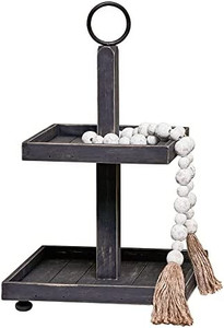 lot 40782 image: GENMOUS & CO. Farmhouse Black Tiered Tray Decor with 39in Bead Garland, Two Tier Farmhouse Serving Tray, 1PC Wood Beads with Tassels, for Rustic Kitchen Coffee Table(BlackWahsed