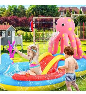 lot 45 image: Kiddie Pools Max Fun Inflatable Kids Water Play Center for Kids Outdoor with Slide for Backyard Garden Park Octopus Dolphin Ball Roll Toss Game for Toddler Outside Summer, 117 X 73.2 X 65