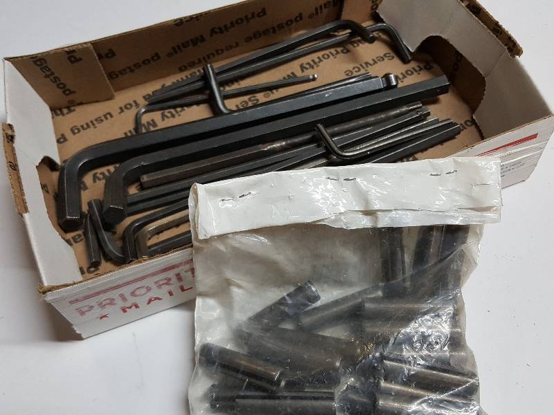 lot 8404 image: Heres a box of USA made Allen (Hex) wrenches and a new bag of 38 split roll pins.