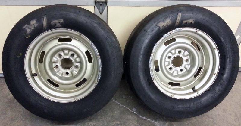 lot 8346 image: Single drag strip pass on these MT 26.010 Slicks & 15X8 Corvette Rally wheels