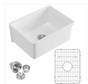 lot 2328 image: White Fireclay 25-58 in. Single Bowl Ceramic Farmhouse Apron Kitchen Sink with Bottom Grid and Basket Strainer