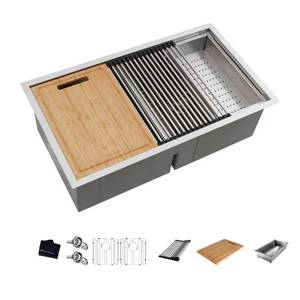 lot 2329 image: Glacier Bay Zero Radius Undermount 18G Stainless Steel 33 in. 5050 Double Bowl Workstation Kitchen Sink with Accessories, Brushed Stainless Steel