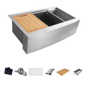 lot 2361 image: Glacier Bay Zero Radius Farmhouse Apron-Front 18G Stainless Steel 33 in. Single Bowl Workstation Kitchen Sink with Accessories, Brushed Stainless Steel
