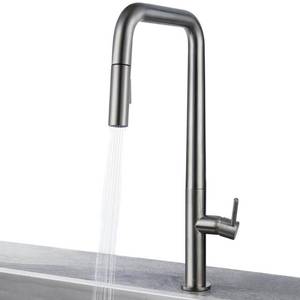lot 2408 image: AKDY Easy-Install Single-Handle Deck Mount Squared Arc Pull-Down Sprayer Kitchen Faucet with Flexible Hose in Brushed Nickel