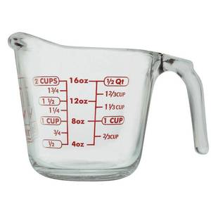 lot 22605 image: Anchor Hocking 2 Cup (16 Ounce Capacity) Glass Measuring Cup Clear Glass with Red Lettering