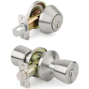 lot 22617 image: Mountain Security Keyed Entry Door Knob Tulip & Deadbolt Combo Pack, Stainless Steel