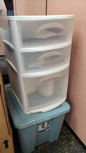lot 23438 image: Sterlite 3-Drawer Storage Container and 18 Gallon Blue Sterlite Storage Container