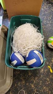 lot 23464 image: Storage Tub Of Volleyball Netting and Volleyballs&nbsp