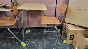 lot 9632 image: Virco School Desk and Chair Combo W Metal Basket On Bottom of Chair For Storage