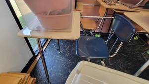 lot 9633 image: Virco School Desk and Chair Combo W Metal Basket On Bottom of Chair For Storage