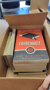 lot 9693 image: Box of Mixed Books - (6) 60th Anniversary Edition Fahrenheit 451 Books, The Julis Caesar, and Hamlet