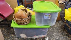 lot 9708 image: Storage Containers of Woven Baskets, Assorted Baking Pans, Linens, and More