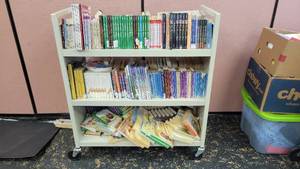 lot 9736 image: 3-Tier Metal Library Cart W Books