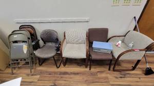 lot 9777 image: Lott of 8 Foldable Metal Chairs  Desk Combo, Lounge Chairs and More