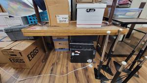 lot 9783 image: Lott of 2 Wooden 4ft Tables and Tier Rolling Side Table (MISSING WHEEL)