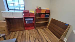 lot 9847 image: (3) Short Wooden Bookshelves and a Countertop Wooden Magazine Shelf