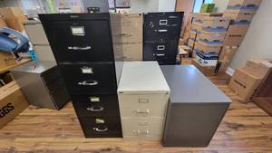 lot 9848 image: Lott of 4 Filing Cabinets - Variety of Sizes and Styles
