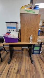 lot 9874 image: Metal Computer Desk W a Wooden Top - Contents Included