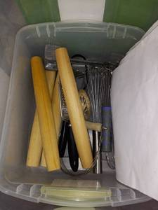 lot 9895 image: tote of kitchen utensils, plates, and more