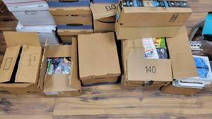 lot 9958 image: 6 Boxes of Office Supplies, Blue 1in Binders, Childrens Books and More