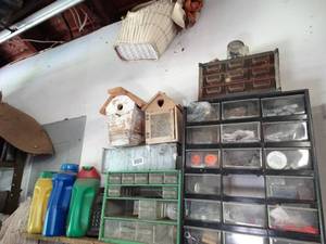 lot 1014 image: Garden Chemicals  Bird Houses  Rodent Trap  Basket  2 Organizers w Contents