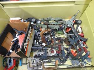 lot 1067 image: 4 Drawer Metal Cabinet w Tools - Contents  Clamps  Drill  Heat Gun Etc
