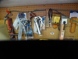 lot 1069 image: Peg Boad Contents from Pipe Wrenches to Leather Tool Holder