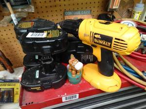 lot 1072 image: Dewalt Drill  2 Chargers and Several Batteries