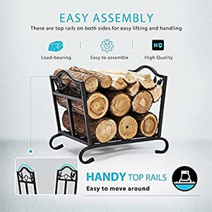 lot 2412 image: Folding Heavy Duty Firewood Storage Log Rack with Decorative Leaf Pattern and Arched Feet Wrought Iron Wood Holder Stacker Indoor Outdoor Black