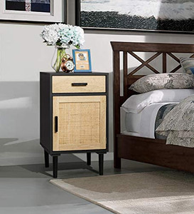 lot 2415 image: Finnhomy Tall Nightstand, End Table, Side Table with Drawer and Shelf, Hand Made Rattan Decorated Doors, Wood Accent Table with Storage for Bedroom, Black,