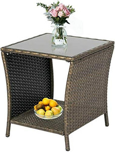 lot 3552 image: KINTNESS Wicker Rattan Side Table Outdoor End Table Patio Courtyard Coffee Bistro Glass Table with Storage- black