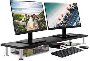 lot 7167 image: The Office Oasis Dual Computer Monitor Stand, Solid Bamboo Supports 100lbs, Black
