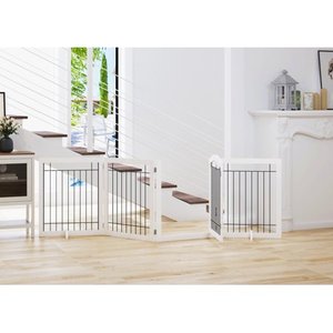lot 7173 image: PAWLAND 96-inch Extra Wide 30-inches Tall Dog gate with Door Walk Through Freestanding Wire Pet Gate for The House Doorway Stairs Pet Puppy Safety Fence Support Feet Included(White)
