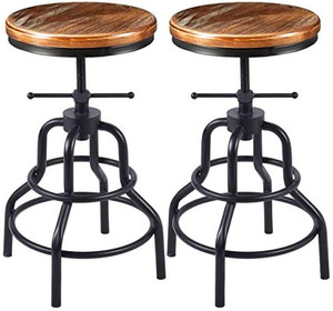 lot 7178 image: Vintage Industrial Bar Stool-Rustic Swivel Bar Stool-Round Wood Metal Stool-Kitchen Counter Height Adjustable Pipe Stool-Cast Steel Stool 20-27 Inch (Set of 2)