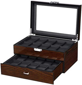 lot 7186 image: BEWISHOME Watch Box 20 Slots Watch Case for Men - Luxury Watch Organizer with Glass Top,Smooth Faux Leather Interior, Brown SSH04Y