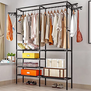 lot 8002 image: MOAMUN Metal Garment Rack Clothing Hanging Rack Free Standing Clothing Hanger with Top Rod,Lower Storage Shelves for Home Bedroom Laundry, ITEM IS WHITE NOT BLACK