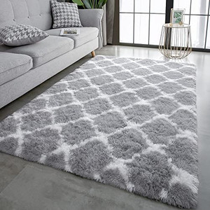 lot 8039 image: Comeet Ultra Soft Fuzzy Rugs for Bedroom Grey and White Fluffy Carpet, Geometric Shag Nursery Rug Plush Shaggy Rug for Living Room, Home Decorative Thick Comfy Area Rug for Kids Room Dorm, 5x8 Feet