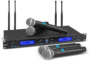 lot 8055 image: MicrocKing Wireless Microphone System, with 4 Handheld Mics, Metal Build, Fixed Frequency, Long Range 200ft, Ideal for PartyWeddingChurchConferenceSpeech��MK240-1��