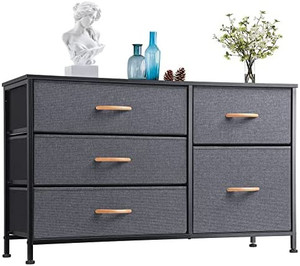 lot 8064 image: Nicehill Dresser for Bedroom with 5 Drawers, Storage Drawer Organizer, Wide Chest of Drawers for Closet, Clothes, Kids, Baby, TV Stand with Storage Drawers, Wood Board, Fabric Drawers (Black Grey)