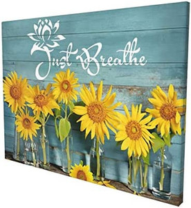 lot 9005 image: Rustic Just Breathe Wall Art Sunflower Canvas Wall Art For Bathroom Kitchen Home Teal Decor Modern Floral Canvas Artwork Sunflower Picture Giclee Print Framed Ready To Hang 12x16 Inch