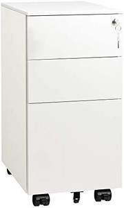 lot 9012 image: DEVAISE Slim File Cabinet with Lock, 3 Drawer Mobile Filing Cabinet for LegalLetterA4 Size, Fully Assembled Except Wheels, White may vary from stock photos